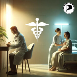 A generic AI-generated image depicting a doctor sitting on his (illuminated by the light from the window on the left) prescribing something, while a nurse is catering to a pregnant woman who is sitting on a hospital bed on the right.
