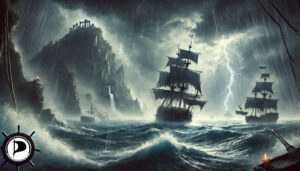 Several pirate ships laboring in a stormy sea near a cliff face.