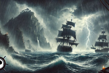 Several pirate ships laboring in a stormy sea near a cliff face.