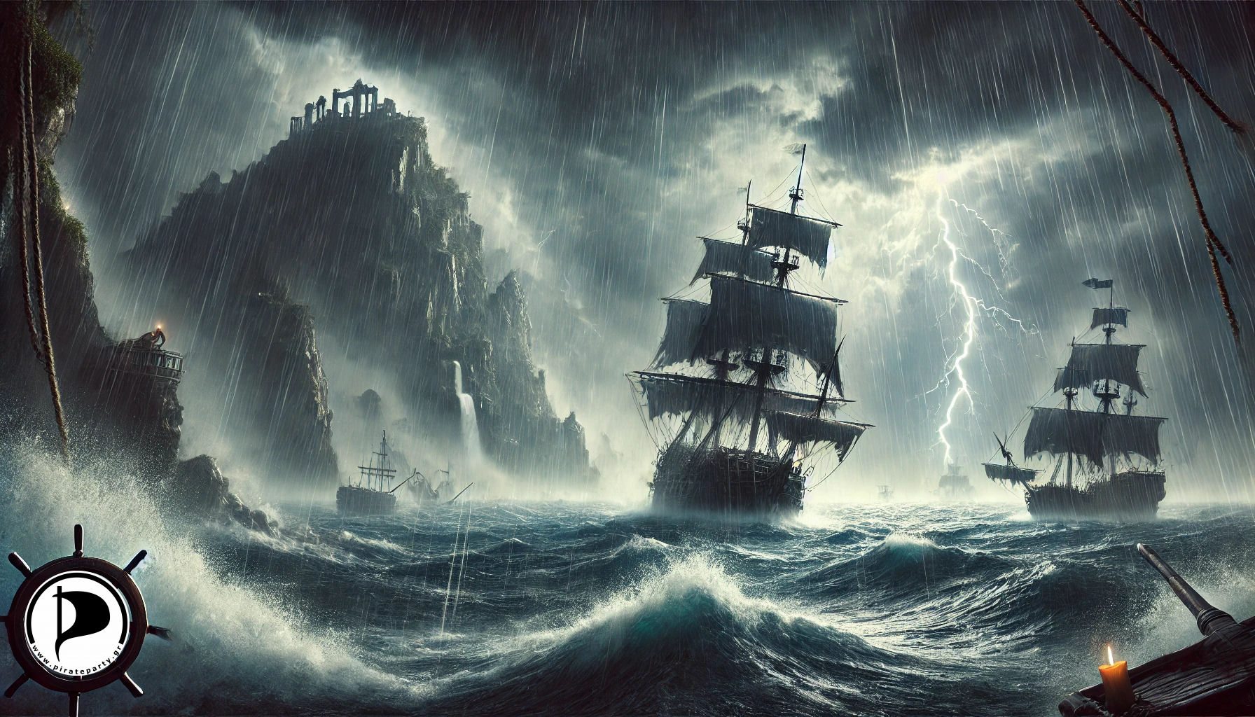 Several pirate ships laboring in a stormy sea near a cliff face.