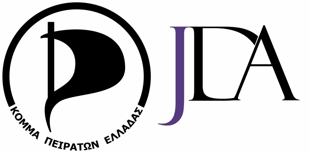 Composite image displaying the emblem of the Pirate Party of Greece on the left and the logo of the Jerusalem Declaration on Antisemitism (JDA) on the right.